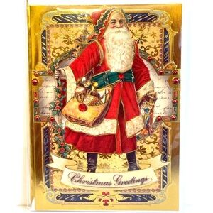 Punch Studio Single (1) Golden Santa 3D Die-Cut Embellished 5x7 Card Env (64443)